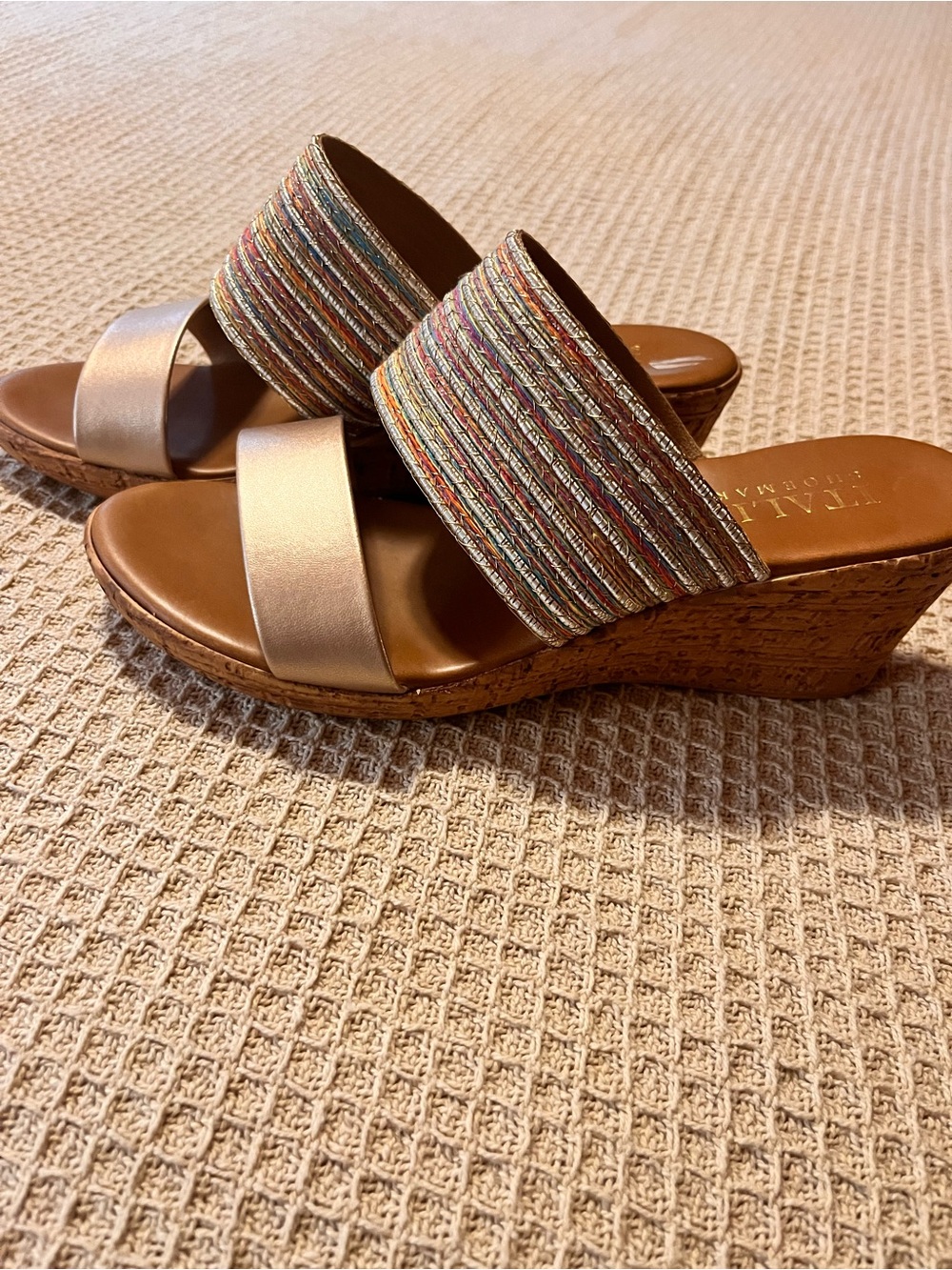 Italian Shoemakers Rose Gold and Multicolor Wedge Slide Sandals